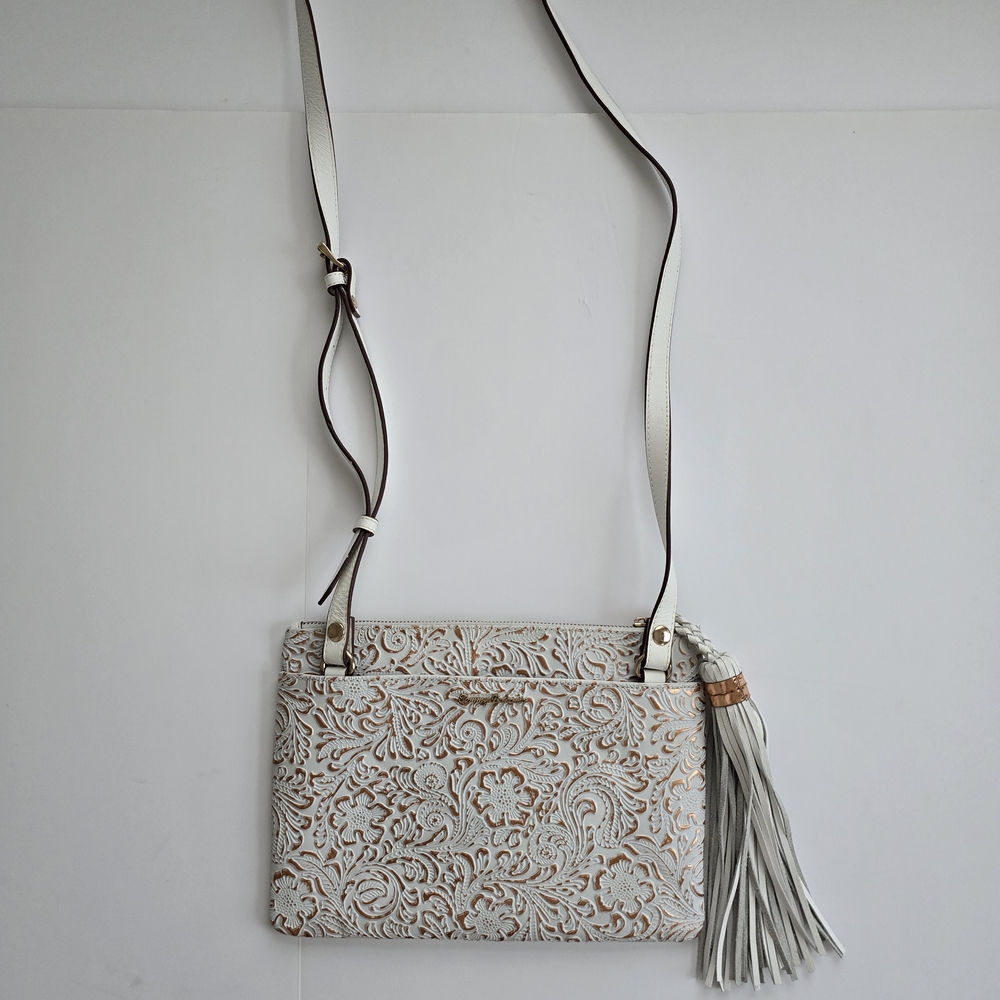 Tommy Bahama White and Tan Embossed Crossbody Bag with Tassel